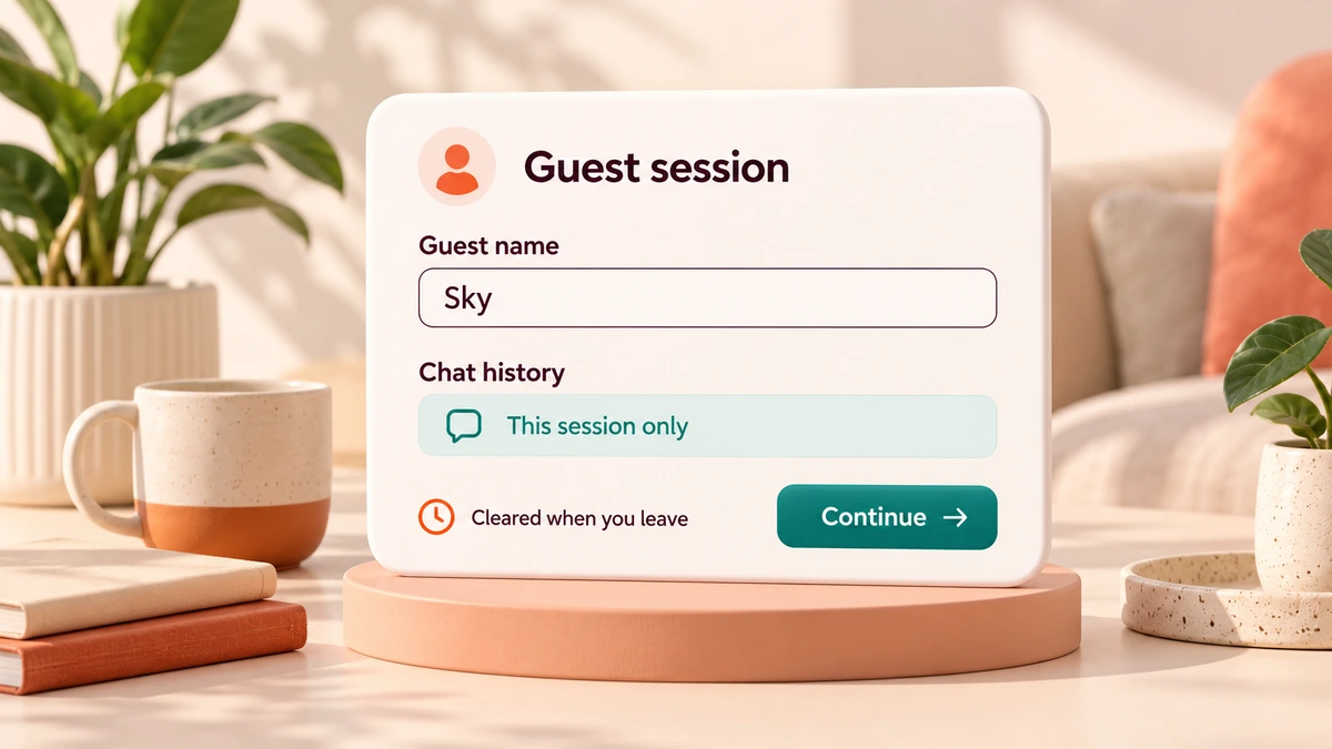 No sign-up chat — guest name and session-only history